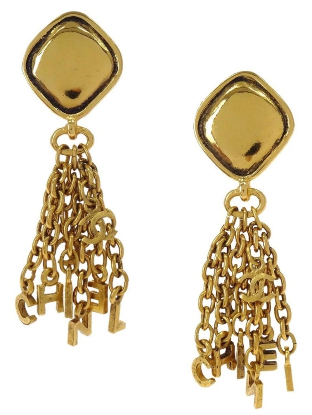 Chanel Gold Rhombus Fringe Dangle Clip-On Earrings 2371 168155